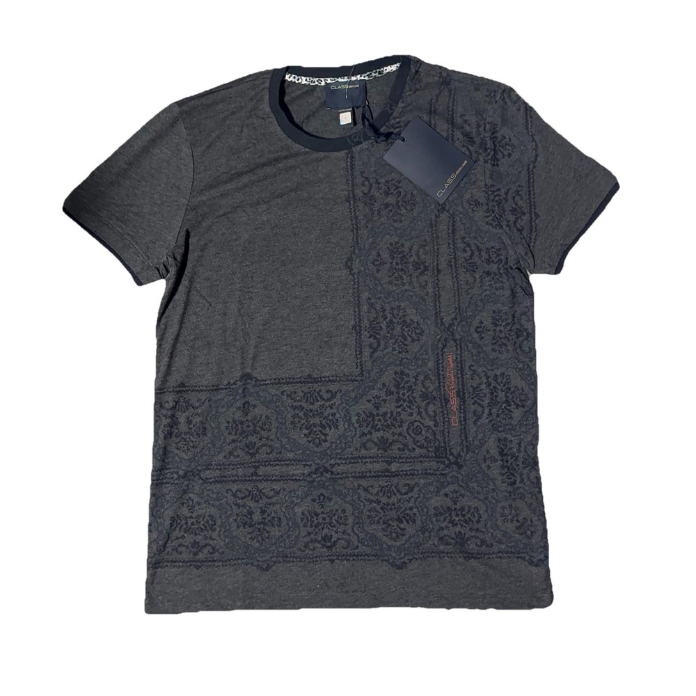 CLASS Roberto Cavalli Jacquard T-Shirt Baroque Pattern Black Gray Size L‎ NWT